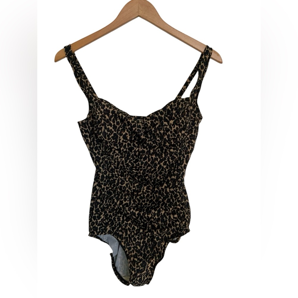 Vintage Trimshaper Leopard Print Ruched One Piece Swimsuit Size 12